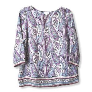 J Jill Women Adara Purple Paisley Floral Blouse Top S Artsy Casual Career